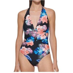 DKNY Women's One Piece Tummy Control Halter Neckline Swimsuit (Tropical,